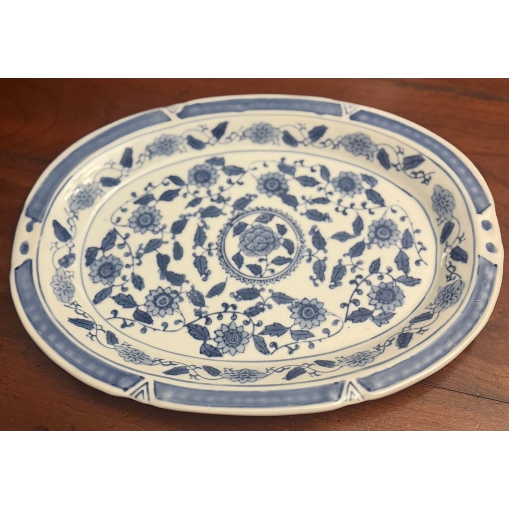Vintage Blue and White Oval Serving Platter Chinoiserie Peony 11.5 Inch